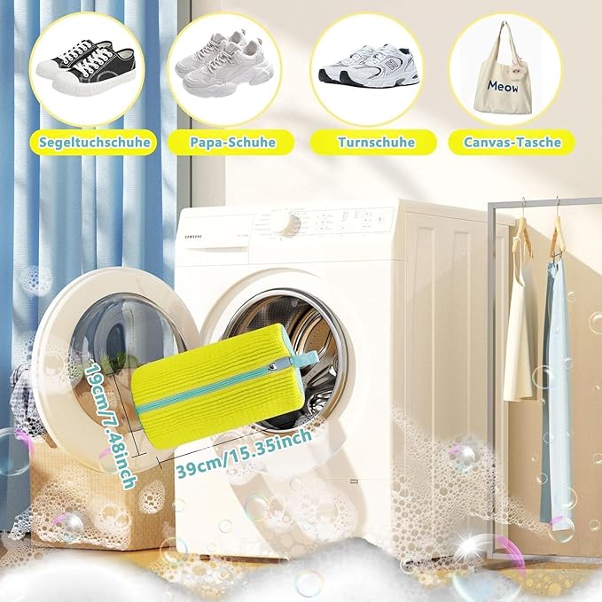 2Pcs Shoe Washing Machine Bags, Laundry Shoe Bags for Washer and Dryer, Sturdy Zipper with Hook Design, Reusable Washing Bag for Sneaker, Tennis, Fits All Shoe Types & Sizes, （Yellow 2 Packs）