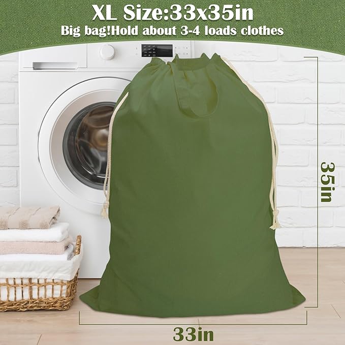 Canvas Laundry Bag 33"x 35", Thick Cotton Laundry Bag with Handles & Drawstring, Extra Large Heavy Duty Washable Basket Liner Hamper Liner Canvas Storage Sack (XL ArmyGreen)