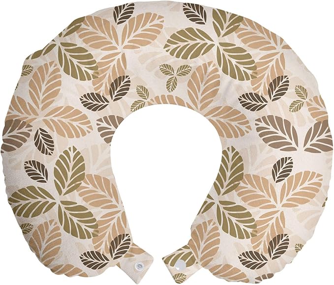 Ambesonne Leaf Travel Pillow Neck Rest, Floral Abstract Pattern Leaf Silhouettes in Retro Colors Gardening Plants, Memory Foam Traveling Accessory for Airplane and Car, 12", Army Green Tan Brown
