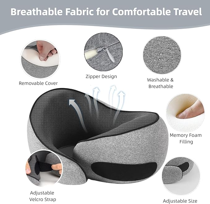 Memory Foam U-Shaped Travel Neck Pillow with Storage Bag, Great for Long Flights, Family Trips, and Offices, Comfortable Breathable Design (Dark Gray)