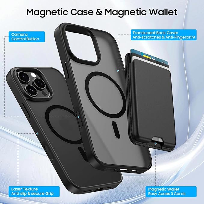 Ntwinro Magnetic for iPhone 16 Pro Max Case (Compatible with MagSafe) with Detachable Wallet & Card Holder for 3 Cards [RFID Blocking] Military Grade Protective Slim Phone Cover, Black
