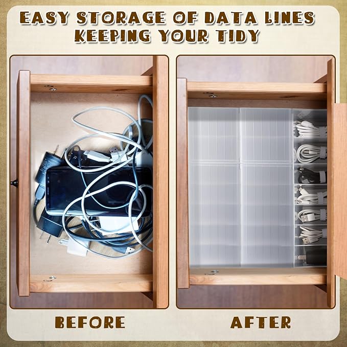 3 Pack Clear Cable Organizer Box with Wire Ties and Label, Plastic Cord Charger Storage Box with Lid Stackable Cable Storage Wire Case for Desk Drawer Office Home Organization and Accessories