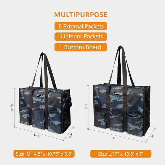 TOPDesign Utility Water Resistant Tote Bag with 13 Pockets, Top Zipper Closure & Thick Bottom Support, for Working Women