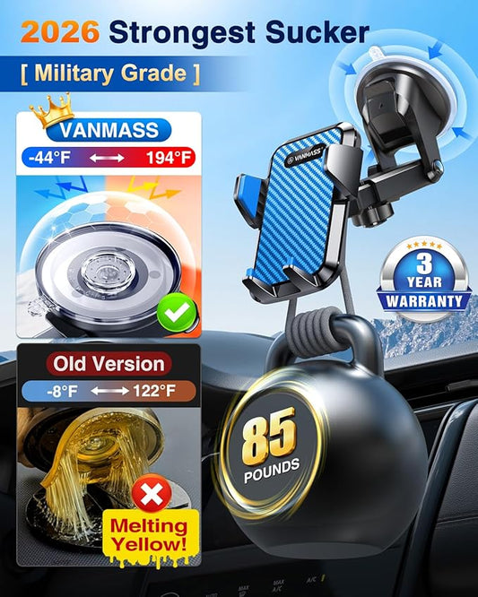 VANMASS【85+LBS Strongest Suction & Military-Grade Ultimate Car Phone Mount【Patent & Safety Certs】 Cell Phone Holder Truck for Dashboard Windshield Vent for iPhone 17 Pro Max 16 15 Desk Mounts, Blue