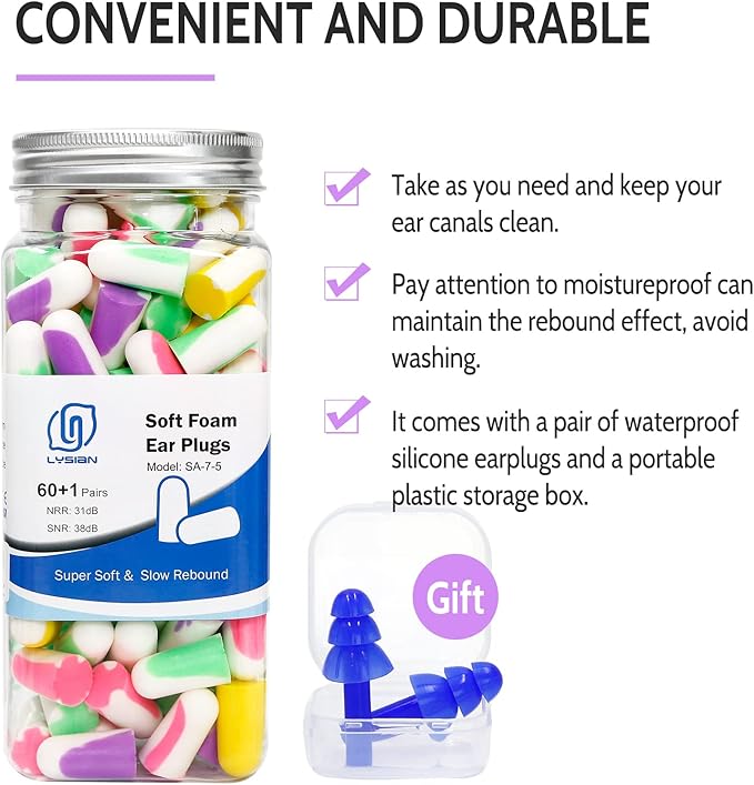 LYSIAN Ultra Soft Foam Earplugs for Sleep- Noise Cancelling Ear Plugs for Sleeping, Shooting,Snoring, Mowing Sound Reduction 38dB- 60 Pairs Multi Color