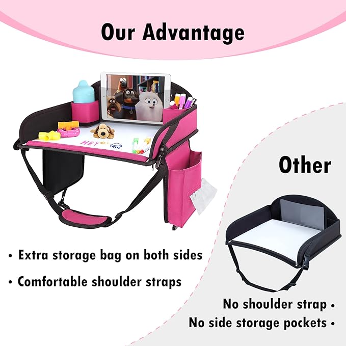 WENRENER Kids Travel Tray for Airplane - Toddler Car Seat Table Tray, Road Trip Essentials for Boys & Girls, Carseat Lap Desk for Kids Road Trip Activities (Pink-2PCS)