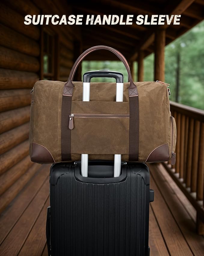 Gonex Waxed Canvas Duffle Bag for Travel, Water-resistant Vintage 55L Duffel Weekender with Shoes Compartment & Luggage Tag, Heavy-duty Overnight Bag with Suitcase Handle Sleeve for Men, Dark Brown