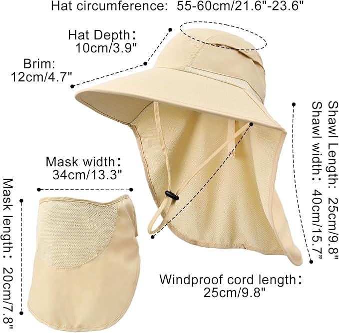 Sun Hats for Men Women Detachable Face Cover Wide Brim Fishing Hats with Neck Flap UPF 50+ Outdoor Safari Hats