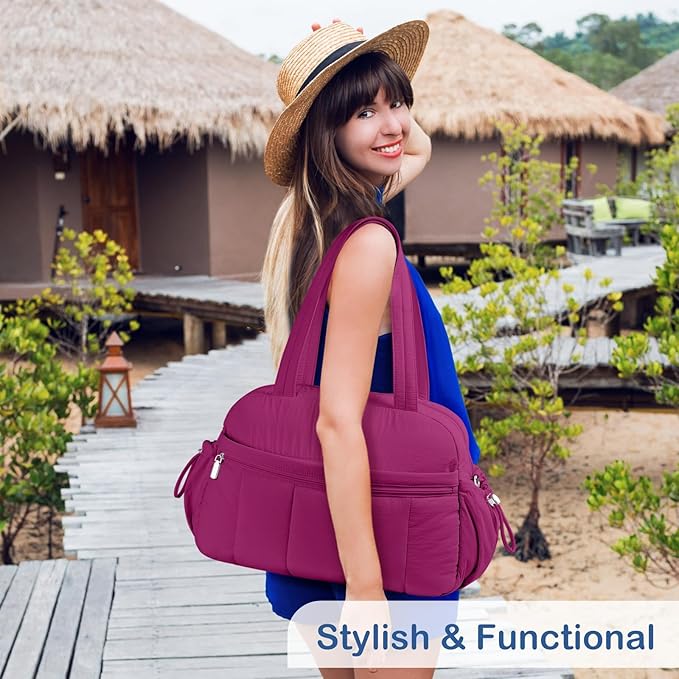 TOPDesign Travel Duffel Bag for Women, Puffer Gym Bag Sports Tote with Wet Pocket, Carry On Weekender with Luggage Sleeve (Dark Purple)