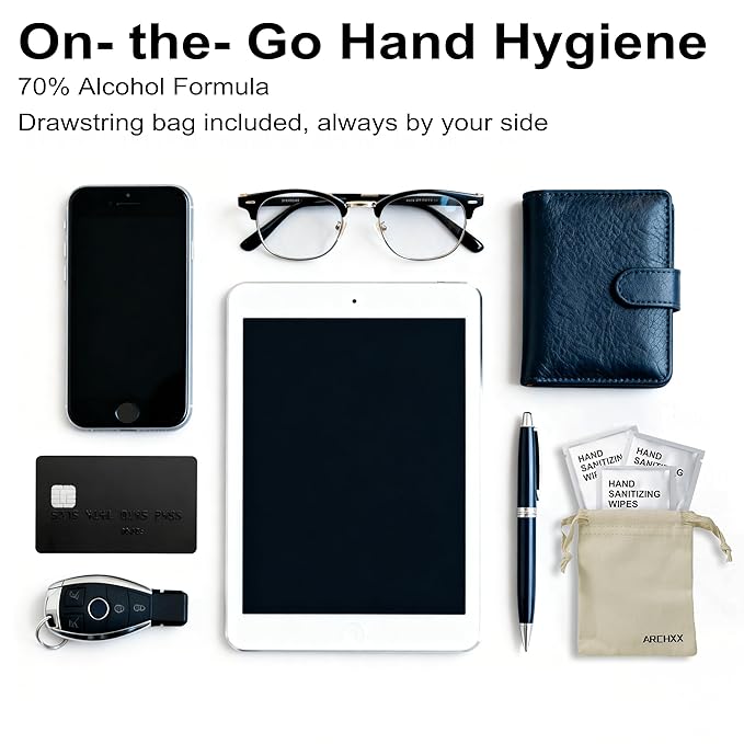 Hand Sanitizer Wipes, 100 Count Non-Woven Hand Wipes Travel Size, Aloe Vera Scent, 70% Alcohol, Individually Wrapped, Sanitizing for Home, Office & Outdoor, Drawstring Bag Included