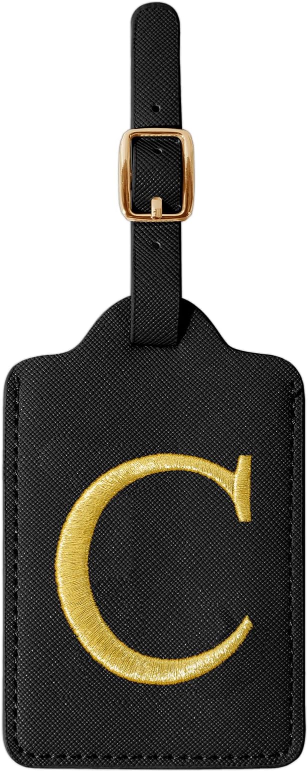 Personalized Initial Luggage Tags for Suitcase TSA Approved, Black Leather Cute Luggage Tag with Privacy Cover Name Card, Embroidered Custom Luggage Tags Travel Backpack Tags Gifts for Women Kids(C)