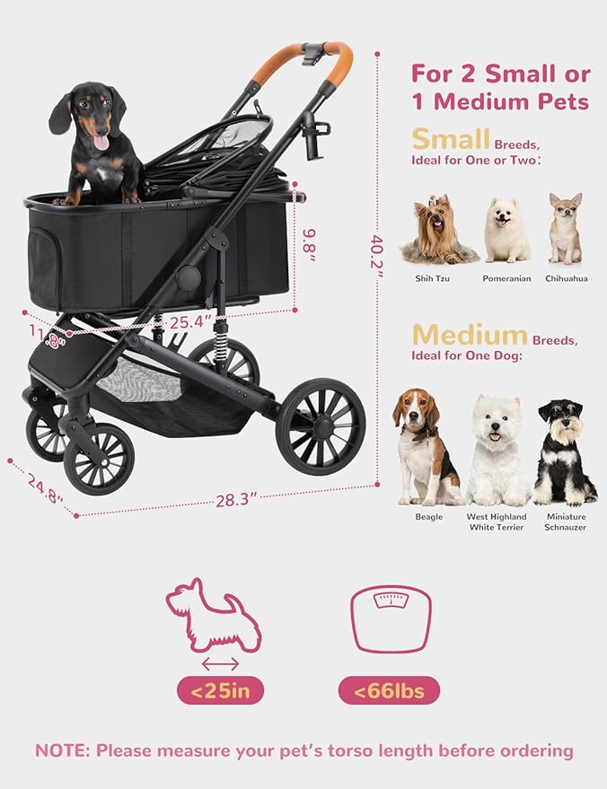 Dog Stroller for Small Medium Dogs Up to 60lbs, 4 Wheels Folding Pet Stroller with Detachable Carrier, Pet Travel Carrier for 2 Dogs & Cats, Storage Basket, Breathable Mesh, Cup Holder, Black