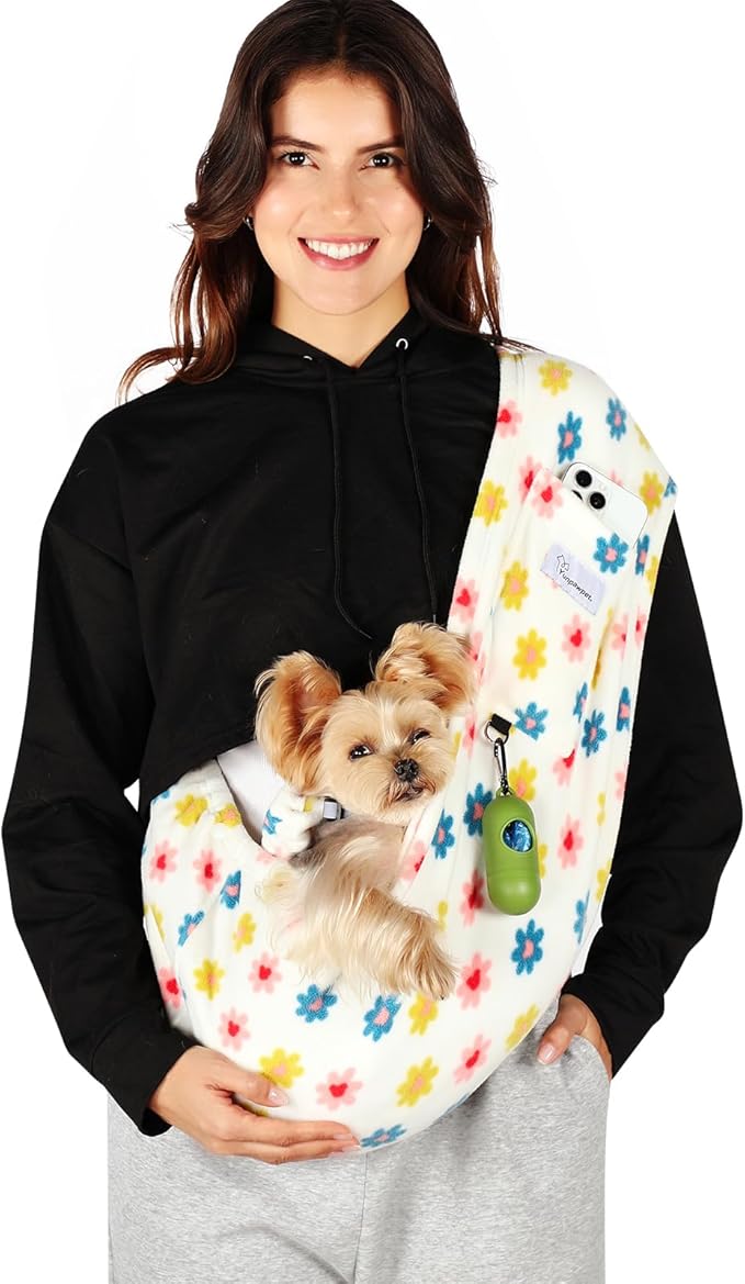 Dog Carrier Sling,Indoor Comfort Adjustable Cat Sling Carrier,with Front Pocket and Seat Belt Dog Carriers for Small Dogs Machine Washable,Suitable for Family Outdoor Use (Large, Daisy)