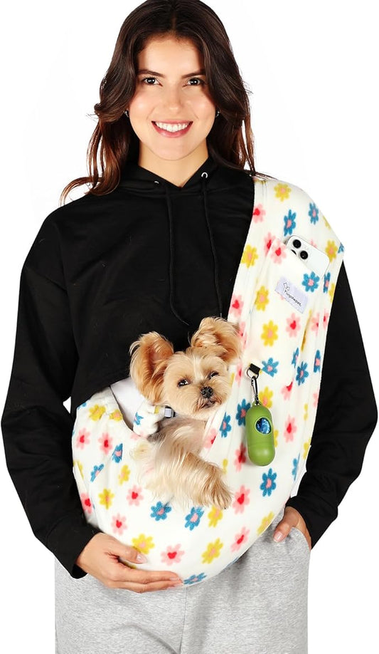 Dog Carrier Sling,Indoor Comfort Adjustable Cat Sling Carrier,with Front Pocket and Seat Belt Dog Carriers for Small Dogs Machine Washable,Suitable for Family Outdoor Use (Large, Daisy)