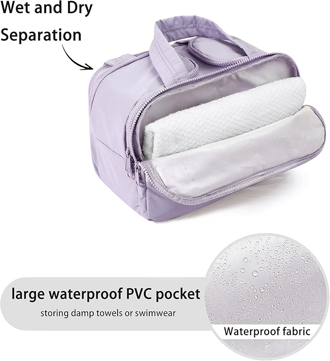 Travel Toiletry Bag for Women, Large Wide-open Puffy Cosmetic Makeup Bag with Wet-Dry Separation, Multi-Pocket Organizer with Carry Handle for Toiletries, Cosmetics, Essentials, Light Purple