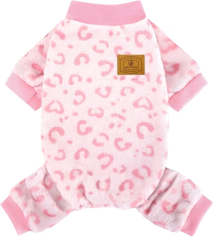XPUDAC Dog Sweater Leopard Fleece Dog Pajamas for Small Medium Dogs Girl Soft Warm Pet Winter Clothes for Winter Christmas(Pink, Small)