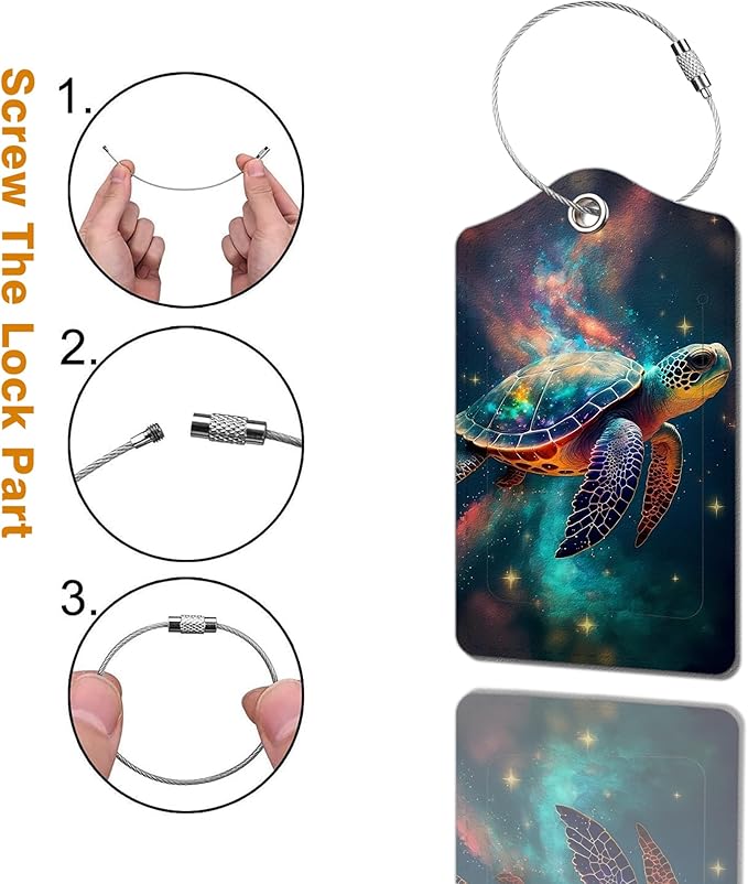 2 Pack Luggage Tag for Suitcase, Cute Unique Leather Bag Tags Identifiers Privacy Cover ID Label with Durable Steel Loop for Women Men Kids Girls Travel，TurtleE