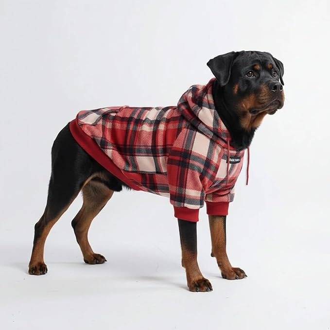 Spark Paws Dog Hoodie – Premium Dog Sweater for Small, Medium, and Large Dogs | Warm Outfits for French Bulldogs, Pitbull, Puppy, Winter Jacket Alternative - Red Plaid, 5XL