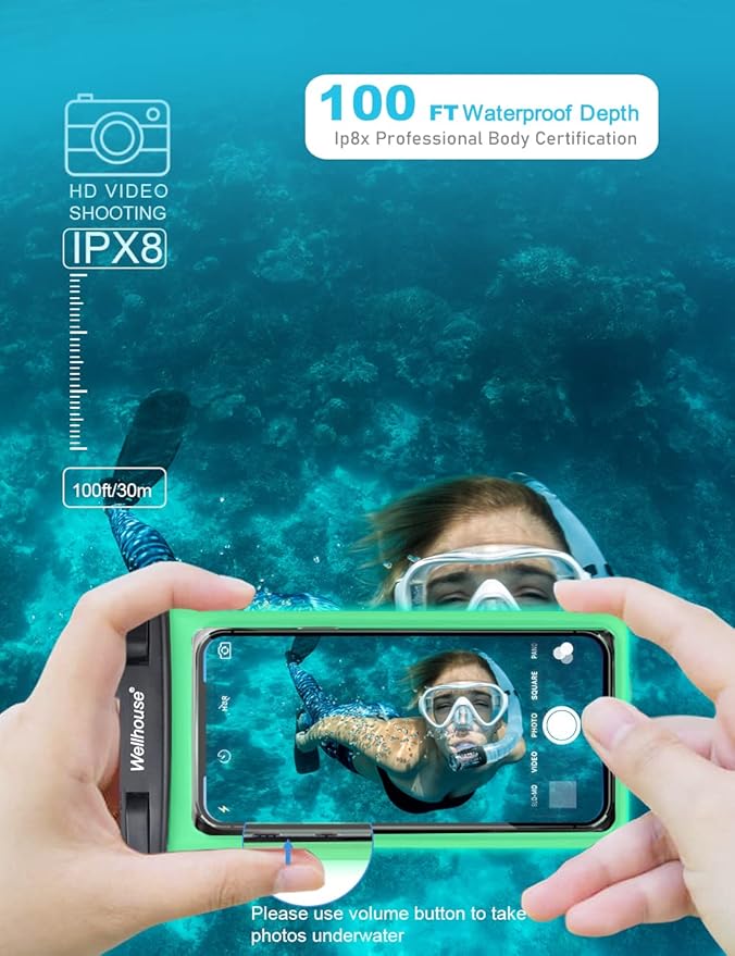 wellhouse Waterproof Phone Pouch, Waterproof Phone Case for iPhone 16 15 14 13 12 Pro Max XS Samsung, IPX8 3D Cellphone Dry Bag Beach Essentials (1 Pack - Luminous Black7.0, 7 inch)