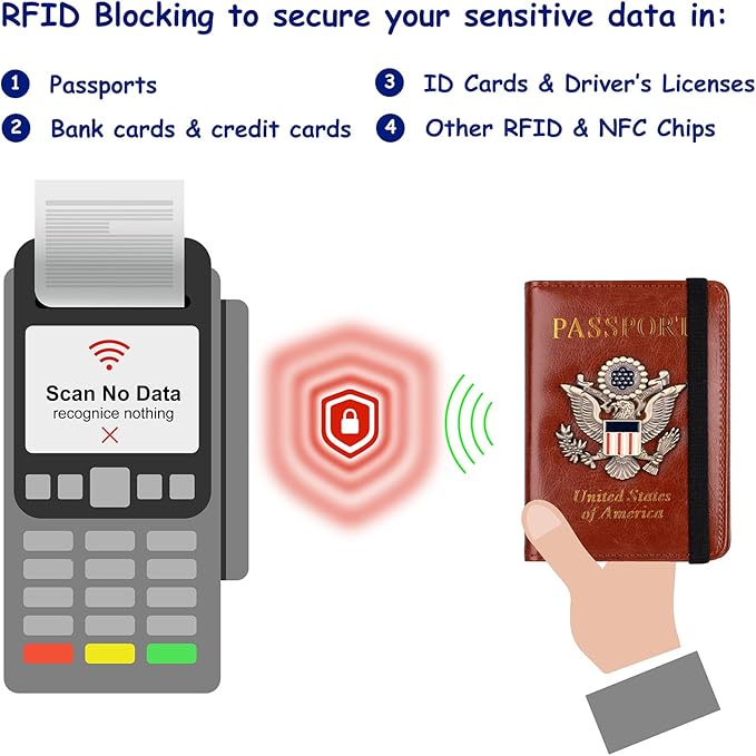 TOURSUIT RFID Blocking Passport Holder for Women Men, Leather Passport Travel Wallet with Metal 3D Metal Badge, Travel Document Holder Cover Accessories (Brown)