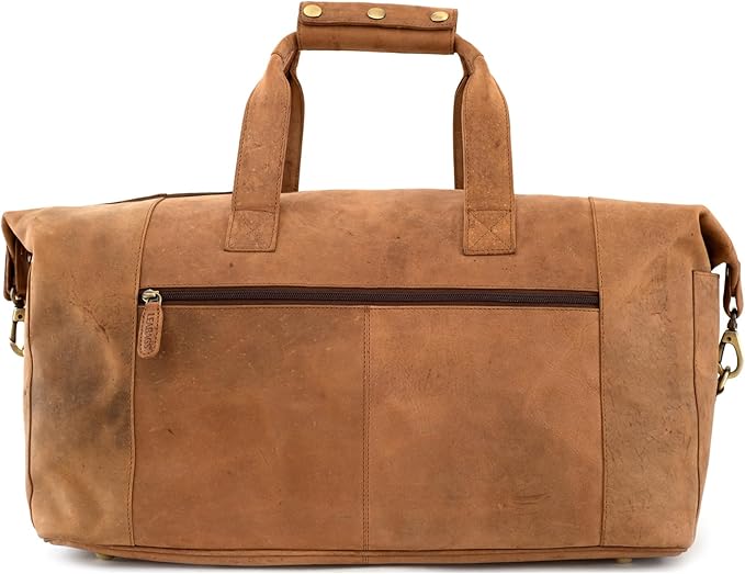 Leabags Leather Weekender | Genuine Leather Premium Travel Bag | 41L Sports Duffle Gym Training Airplane Bag | Large | Natural Light Brown | for Women & Men