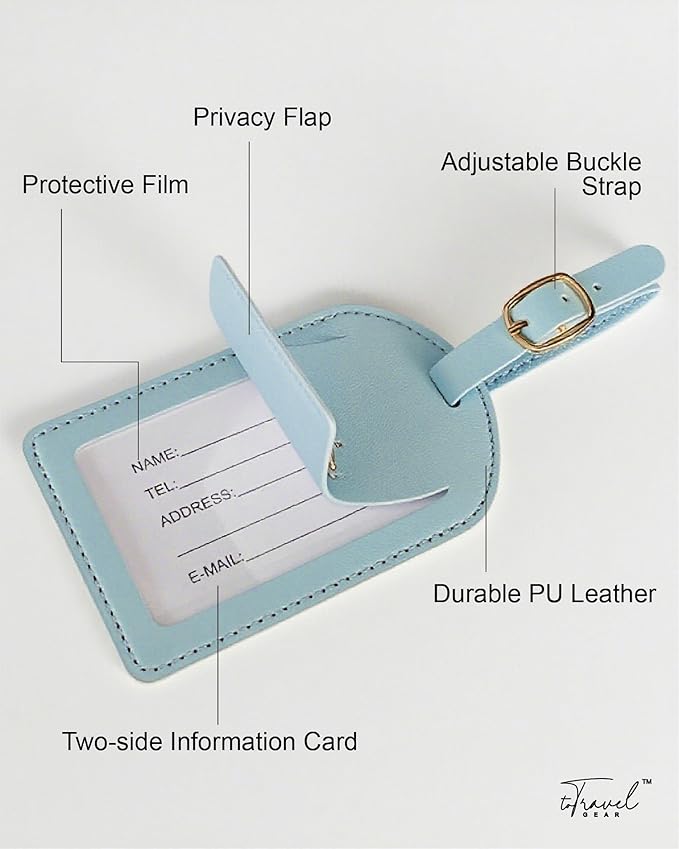 Luggage Tags for Suitcases,2 Pack PU Leather Privacy Protection Bag Tags Travel Accessories Essentials,Light Blue