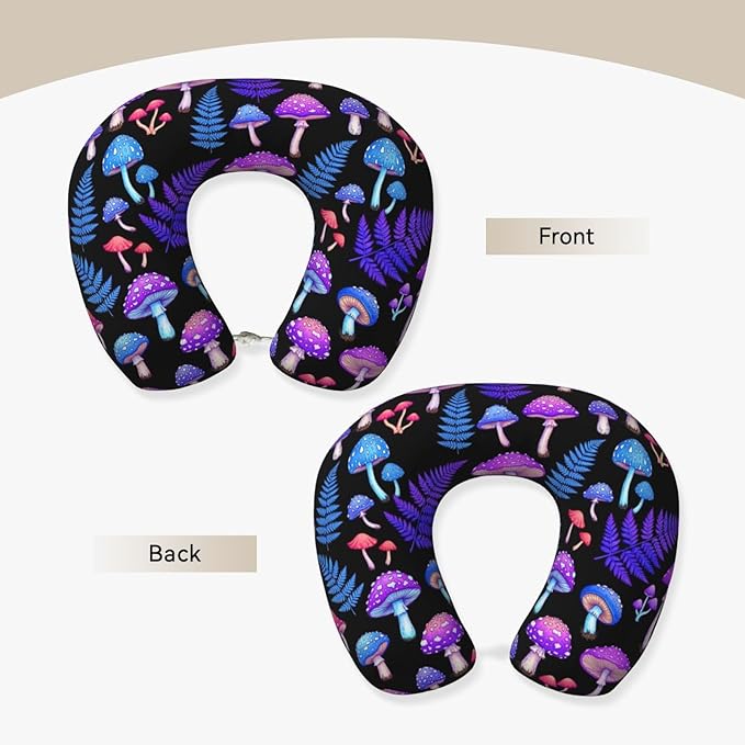 Travel Pillow for Men Women, Washable Relax U Shaped Neck Pillows for Car Head Pain Relief Sleeping Trippy Purple Blue Mushrooms