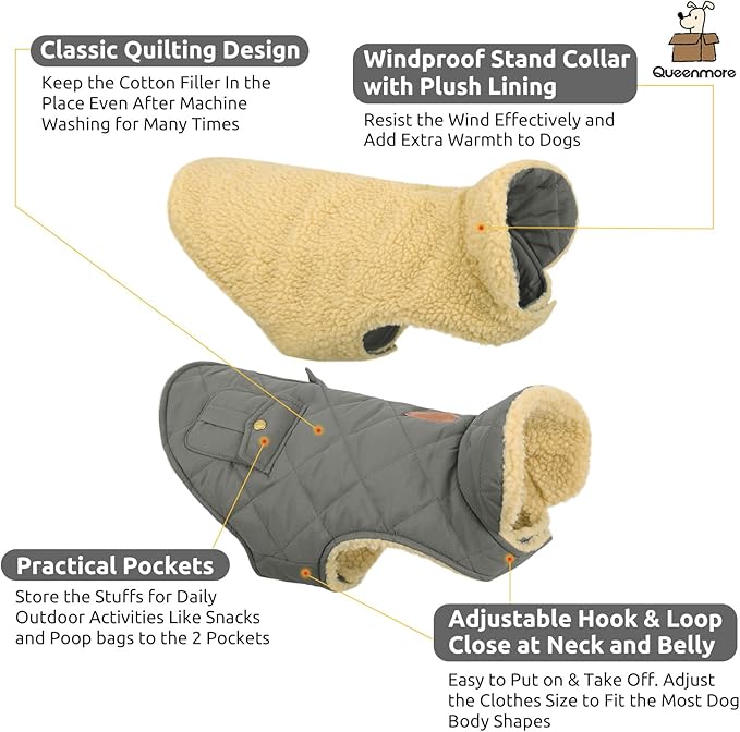 Queenmore Dog Winter Coat - Fleece Jacket, Waterproof Cold Weather Clothes, Thick Warm Cotton Padding, Easy On Storage Pockets (Grey, X-Large)