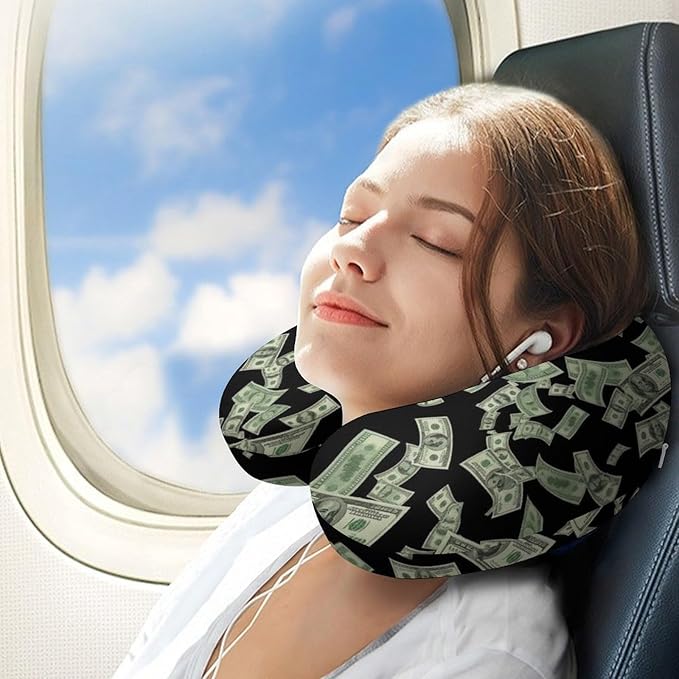 Unisex Travel Neck Pillow Memory Foam U Shaped Cushion Money American Bill Dollars, Washable Cover for Men Women Airplane Car Home Rest