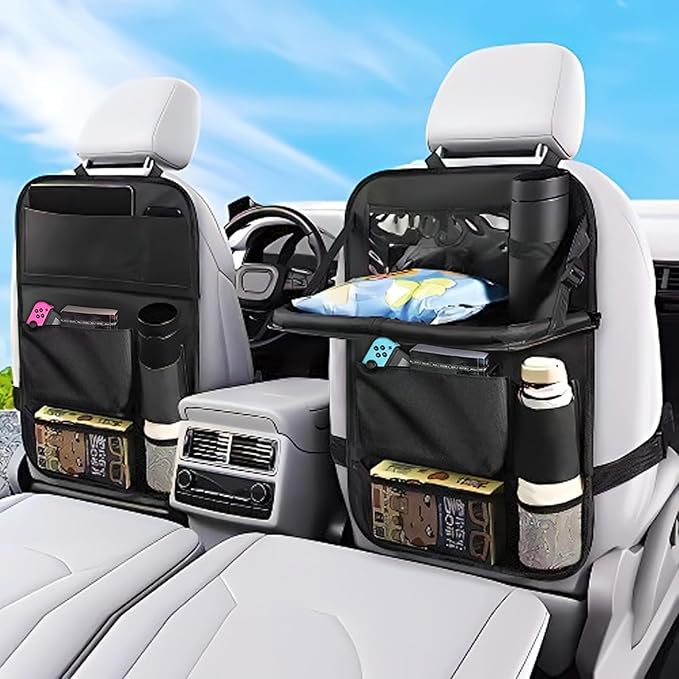 HSEAREA Car backseat organizer,with tablet holder, 6 storage pockets, foldable food tray, car seat back protectors kick mats, travel accessories, black (2)