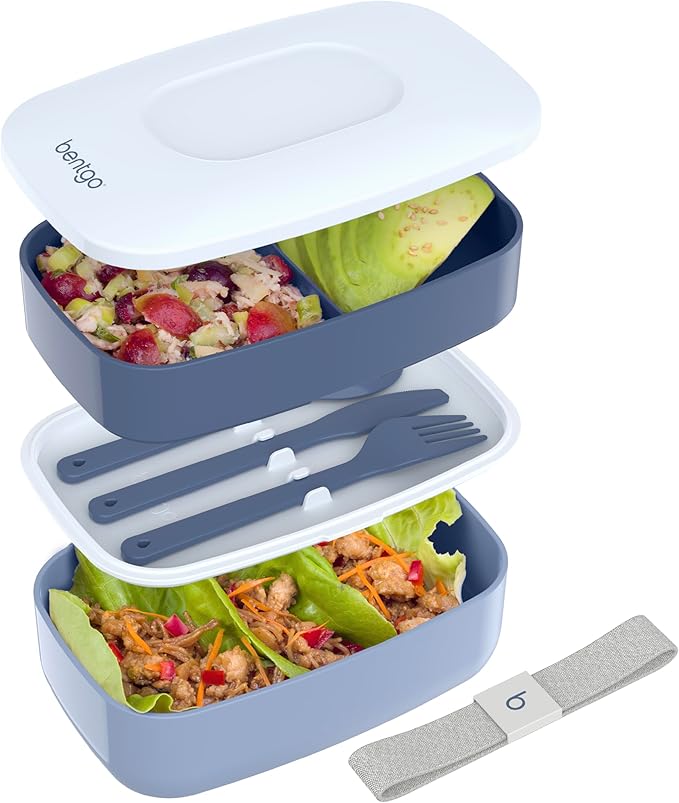 Bentgo Classic - Adult Bento Box, Stackable 3-Compartment Lunch Box with Removable Utensil Set and Sealing Strap, BPA-Free, Food Container Ideal for Meal Prep, Work, and On the Go (Slate)