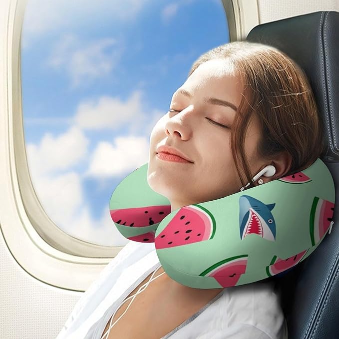 Office Nap Pillow U-Shaped Memory Foam Neck Support, Shark Watermelon Funny U-Shape, Portable Travel Car Home Rest