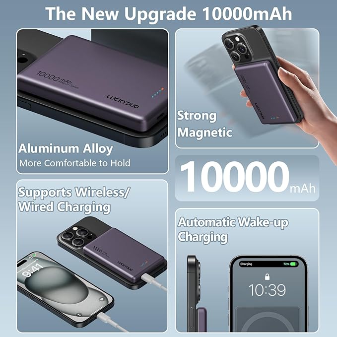 LUCKYDUO Ultra Slim 10000mAh for Magnetic Portable Charger,0.47IN Thin Wireless Magnetic Power Bank, Compact Battery Pack with PD 20W Two Way USB-C Charging,Compatible with iPhone 16/15/14/13 Series