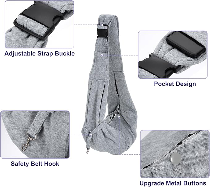 PETAXCELL Dog and Cat Sling Carrier Up to 16.5 Lbs, Hand-Free Reversible Pet Sling Carrier with Adjustable Strap and Pocket, (Grey, 1 Pcs) Intended for Hiking/Camping/Traveling