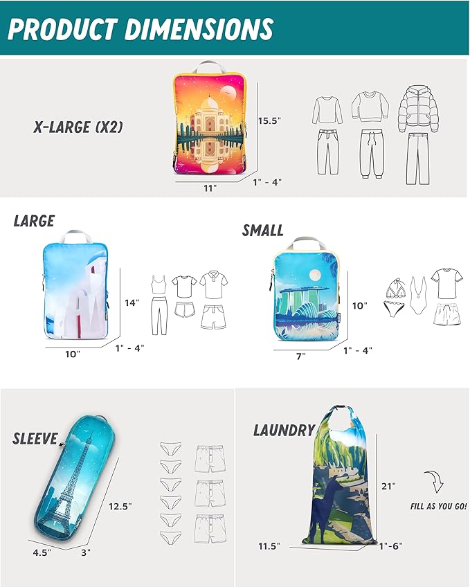 Large Compression Packing Cubes for Travel-Packing Cube Luggage Organizers 7 Piece Set for Checked Luggage-Ultralight, Expandable/Compression Bags by TRIPPED Travel Gear (Bucketlist)