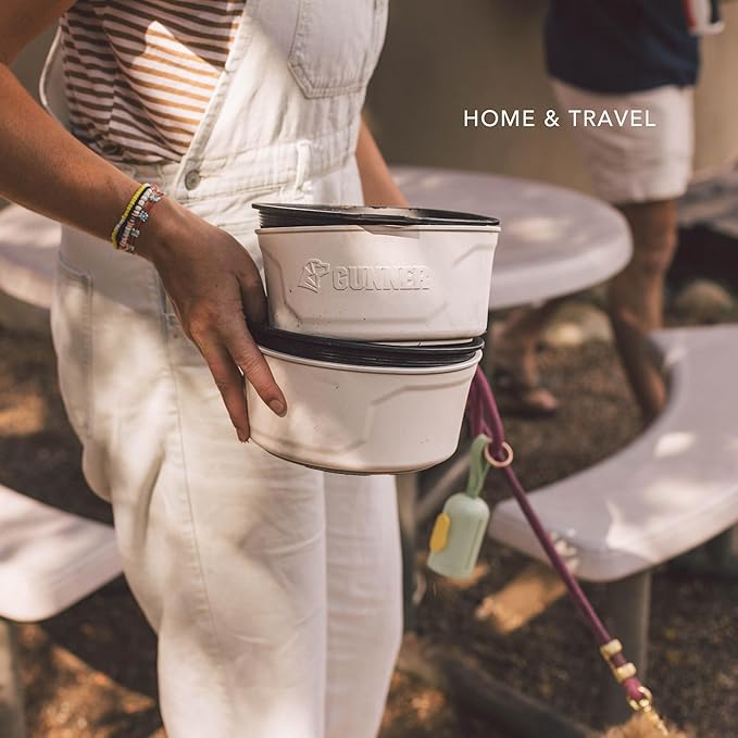 GUNNER Dog Bowl with Spill-Proof Travel Lid – 7.5" x 3.75", 1.3 lb, 7-Cup Capacity, BPA-Free, Rust-Proof, Shock-Resistant, Stackable, Dishwasher Safe, Leak-Resistant Nesting Lid – White