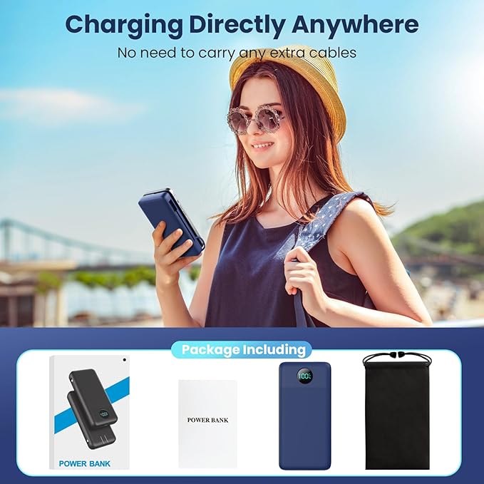 Portable Charger 33800mAh USB C Power Bank with Built-in Cables & AC Wall Plug,25W Fast Charging+QC 4.0 Phone Charger,4 Output Travel Essentials Battery Pack for iPhone16/15/14/13,Samsung,Android etc