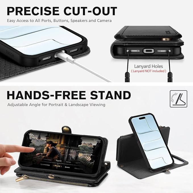TUCCH Crossbody Detachable Wallet Case for iPhone Air 6.5" 2025, 9 Card Slots RFID Blocking | Wireless Charging | Wrist Strap | Lanyard | Stand | Zipper Pocket | PU Leather Shockproof Cover | Black