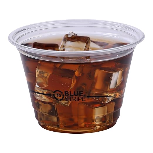Eco-Products BlueStripe Recycled 9oz Plastic Cups, Case of 1000, Made from 30% Post-Consumer Recycled Plastic Bottles, Recycled PET (rPET) For Cold Drinks & Snacks, Clear For Visibility