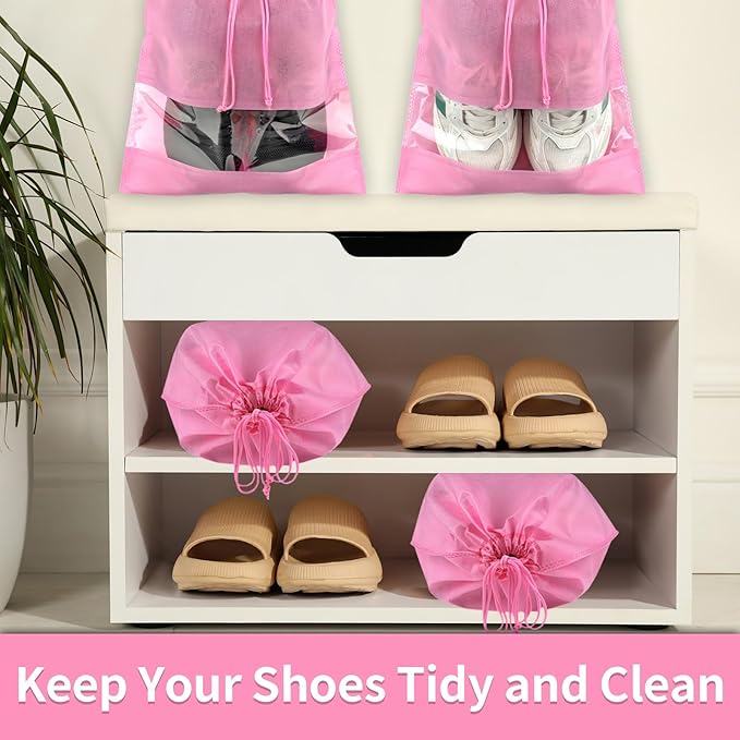 12 Pack Shoe Bags for Travel, Large Travel Shoe Bags for Packing with Clear Window, Dustproof Drawstring Travel Shoe Storage Bags Travel Essentials for Men & Women, Pink