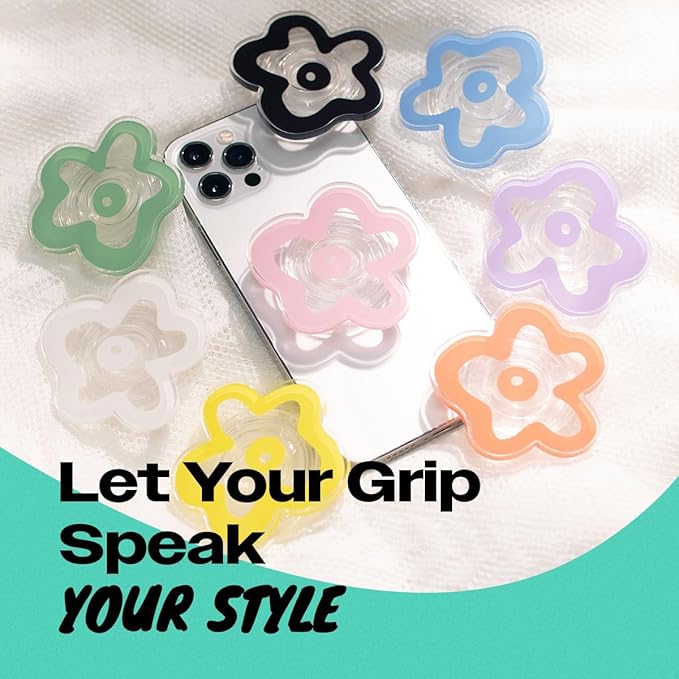 OnTheGrip Cute Transparent Daisy Flower Shape Design Mobile Phone Grip Multi Functional Collapsible Stand Holder for Smartphone Tablet Cell Phone Accessory (White)