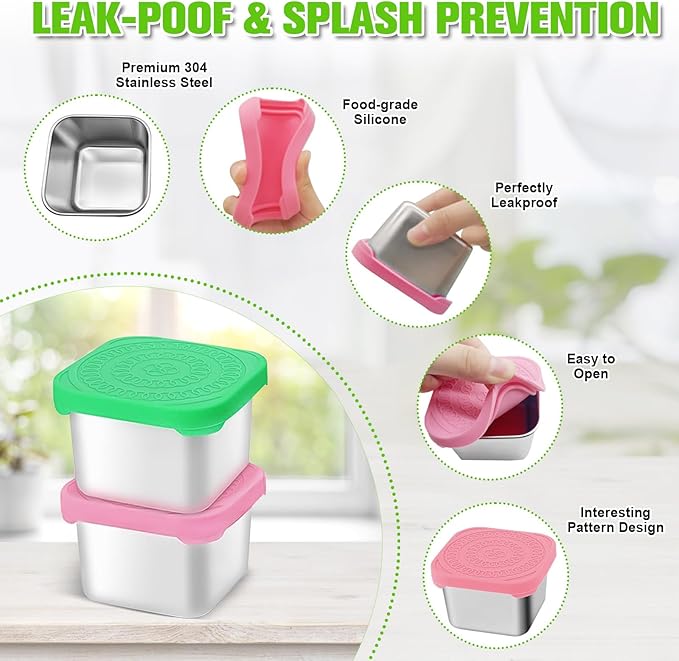 FJDCKJ Stainless Steel Snack Containers, Set of 4 Easy Open Leak Proof Small Food Containers with Silicone Lids, Reusable Metal Lunch Container for Lunch Boxes, Picnics and Travel