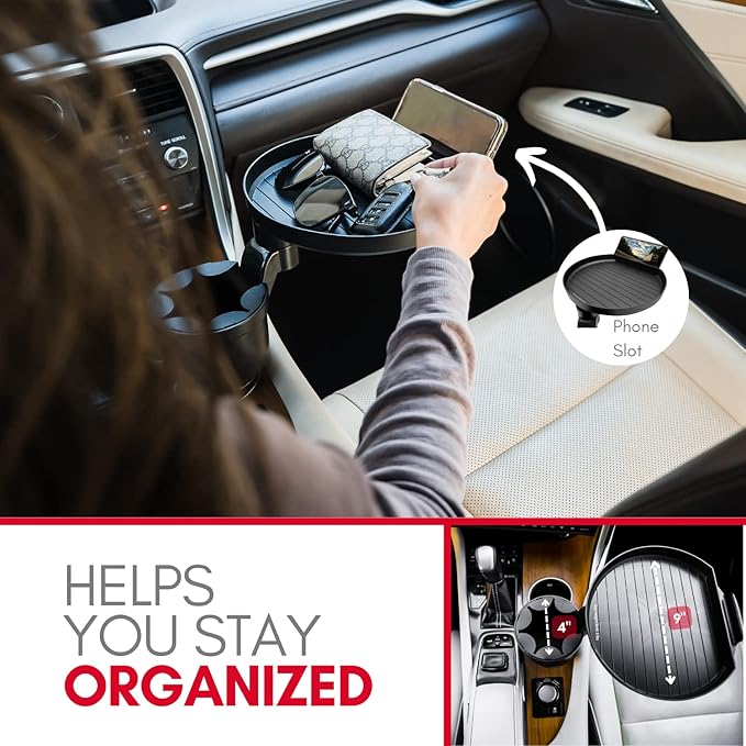 Macally Car Cup Holder Tray and Cup Holder Expander with Phone Slot - Enjoy Your Meal - 9" Car Food Tray Table and Drink Holder for Yeti, Hydroflask, etc.