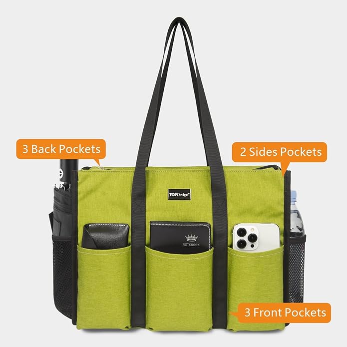 TOPDesign Utility Water Resistant Tote Bag with 13 Pockets, Top Zipper Closure & Thick Bottom Support, for Working Women