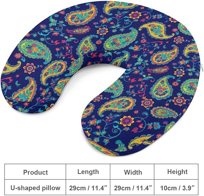 Cute Decorative Travel Neck Pillow Memory Foam Chin Cushion Colorful Paisley Flowers, Washable Cover for Women Airplane Car Home Sleeping Rest