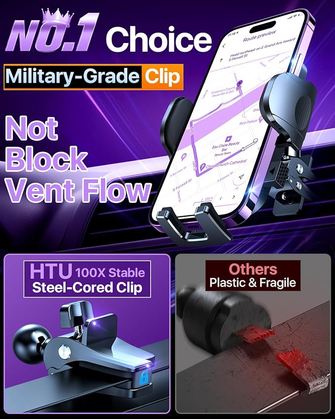 2026 Ultimate Best【True Military-Grade & Safety Cert】Car Phone Holder【Upgraded 5-in-1 & 100+LBS Strongest Suction】360 Rotation Truck Windshield Dashboard Vent Mount Stand for iPhone Android, Purple