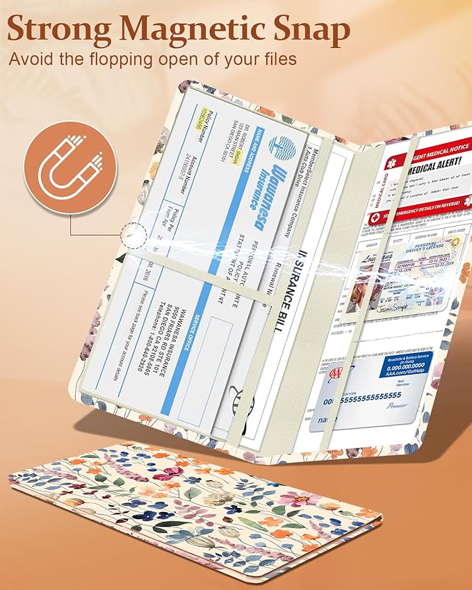 Slohif Car Registration and Insurance Holder - Plant Vehicle Glove Box Organizer Women with Magnetic Shut Leather Automobile License Holders Coasters Auto Accessories Case for Document