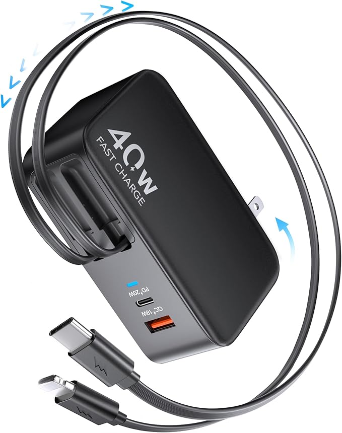 4-in-1 Retractable Gan Wall Charger Plug for iPhone 17 USB C,Travel Essentials Brick Multiport,3ft Lightening+ Type C Cables,40W Fast Charging Foldable Block for iPhone 17 Pro/16/15/14/13,iPad,Galaxy