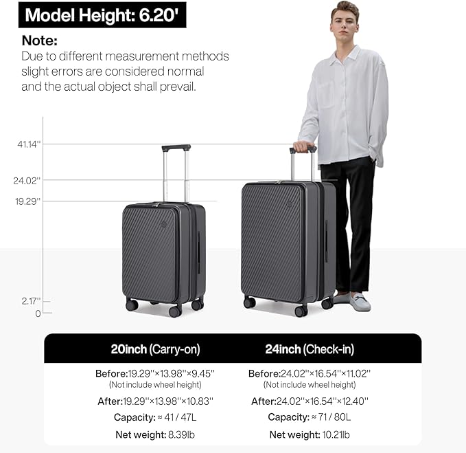 mixi 24 Inch Large Expandable Checked Luggage PC Hard Shell Suitcase Top Opening Rolling Travel Suitcases with Spinner Wheels & TSA Lock, Rock Gray