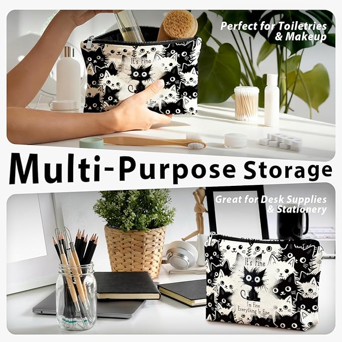 Funny Cat Makeup Bag for Women & Teen Girls, It's Fine I'm Fine Everything Fine Travel Pouches for Toiletries, Kitty Cosmetic Zipper Travel Toiletry Bag, Cute Black Cat Gifts for Cats Gifts Lovers